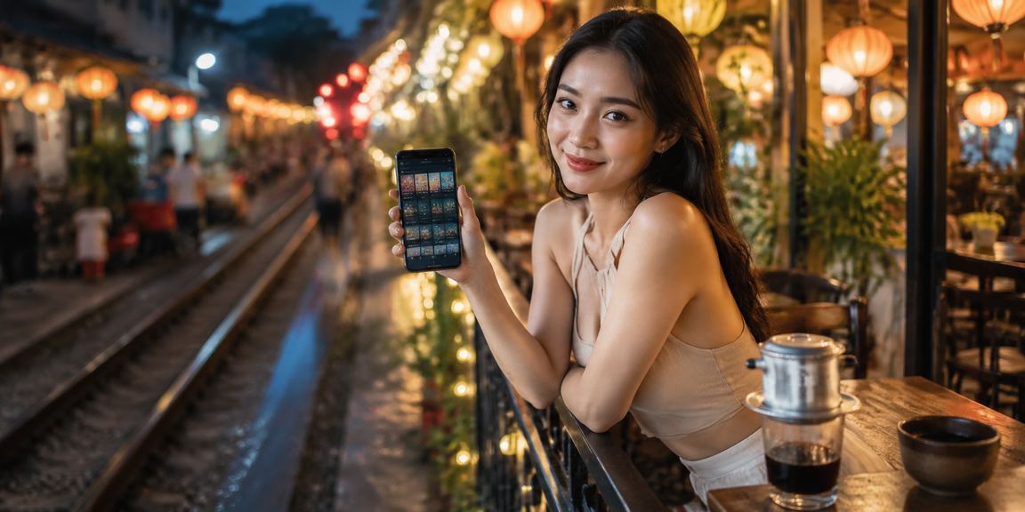 Người dùng tại Hà Nội nạp tiền nhận thưởng rj11 trên điện thoại bên tách cà phê buổi sáng